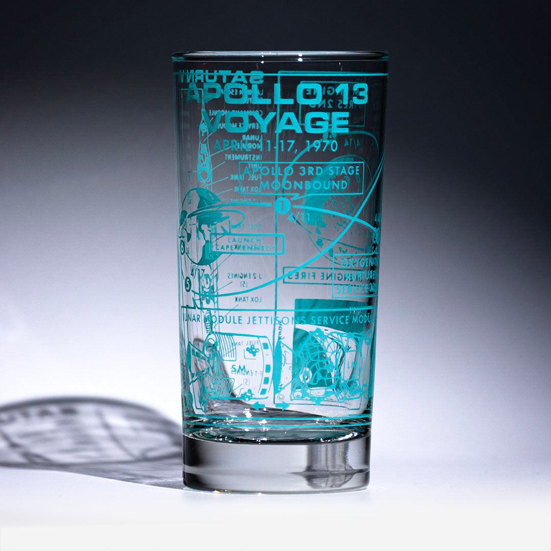 Clear glass with blue Apollo graphics on a gray background