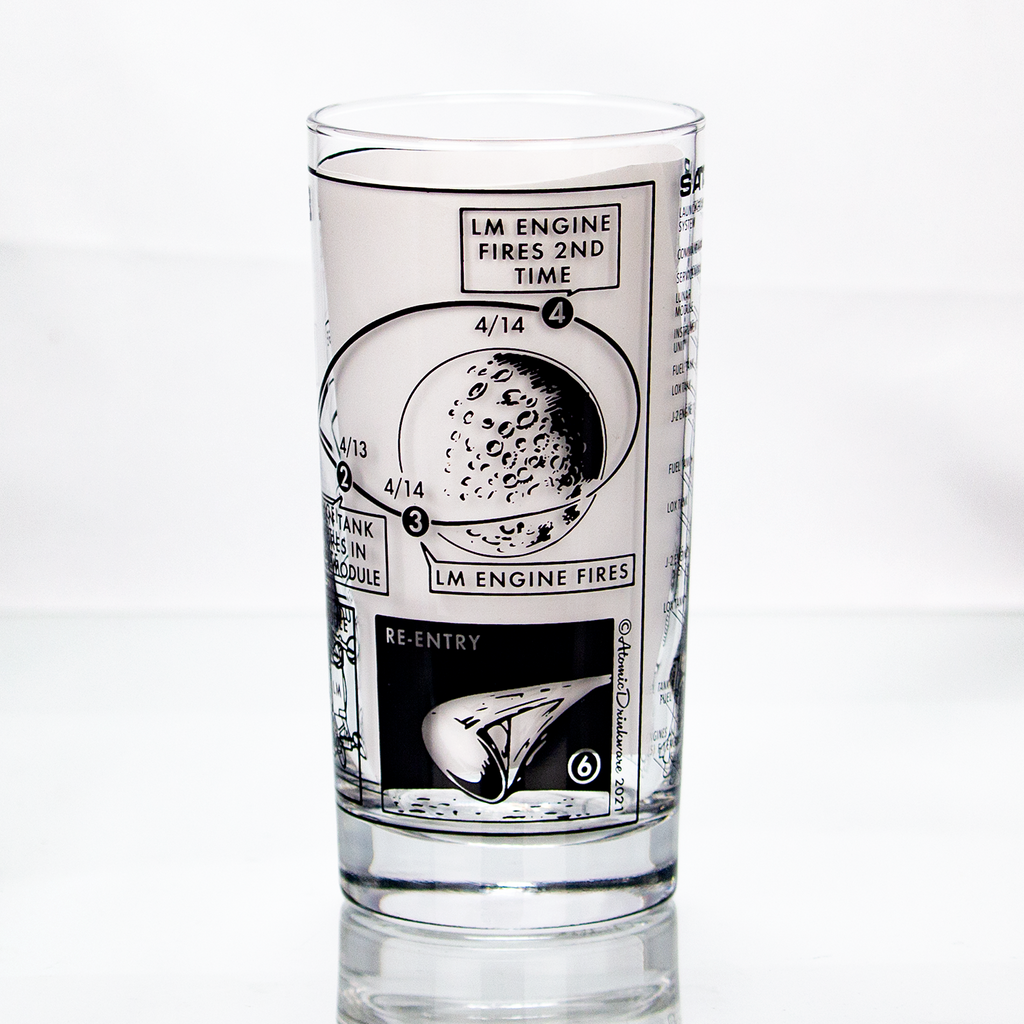 Clear glass with black and white space Apollo 13 space design on a white background