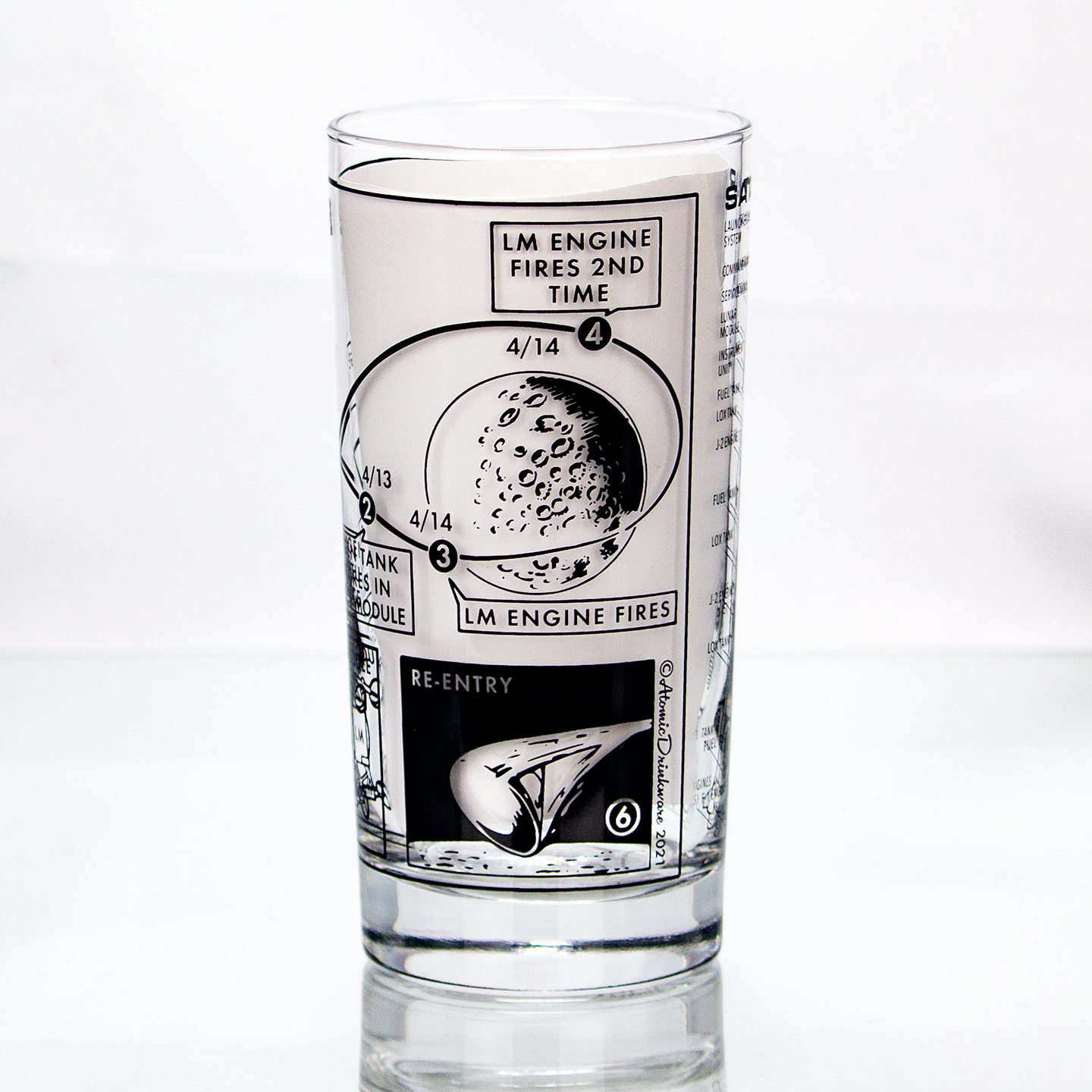 Clear glass with black and white space Apollo 13 space design on a white background