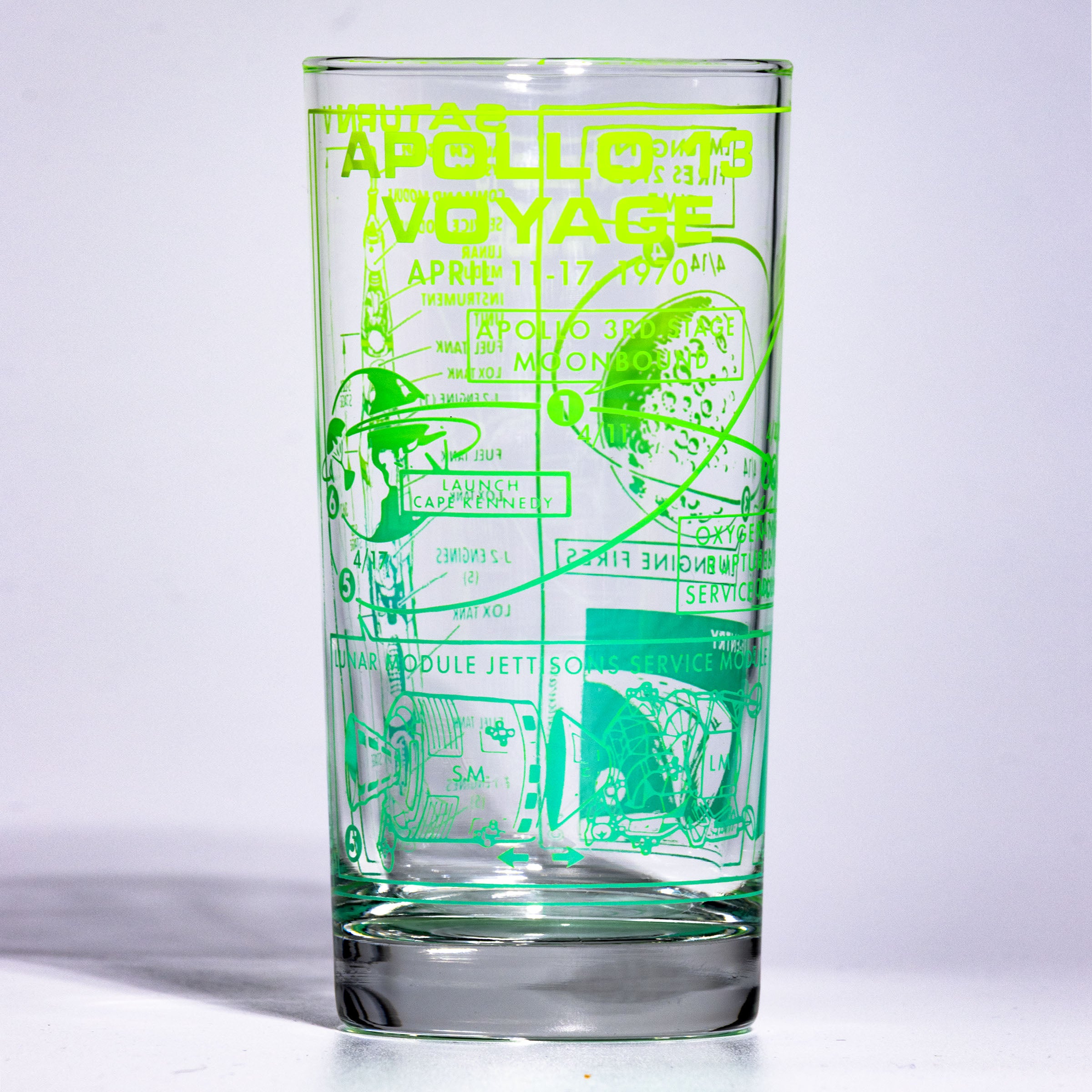 Clear glass with green text and graphics on a white background