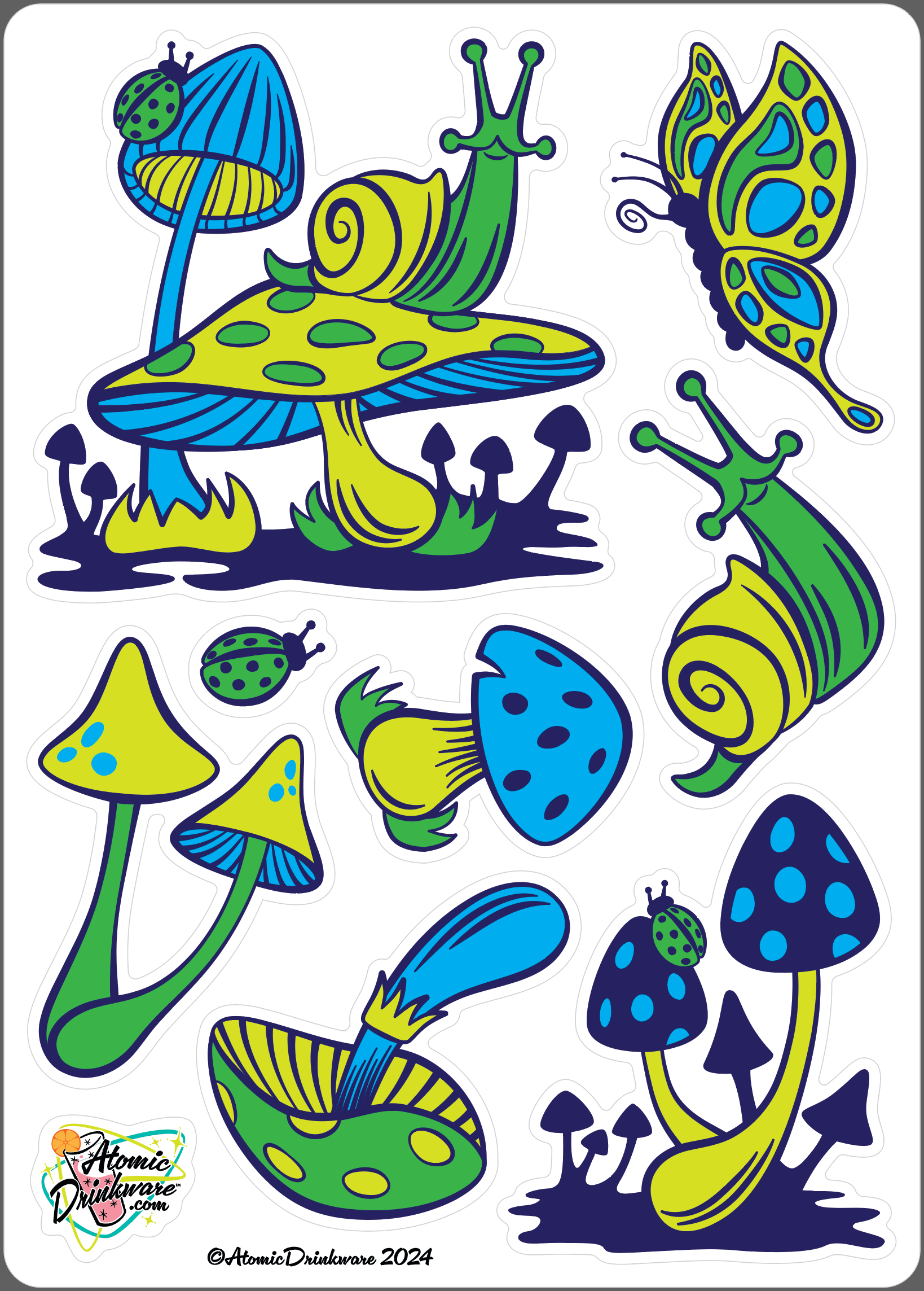 Colorful illustration of retro mushrooms, snails, and butterflies on a white background.