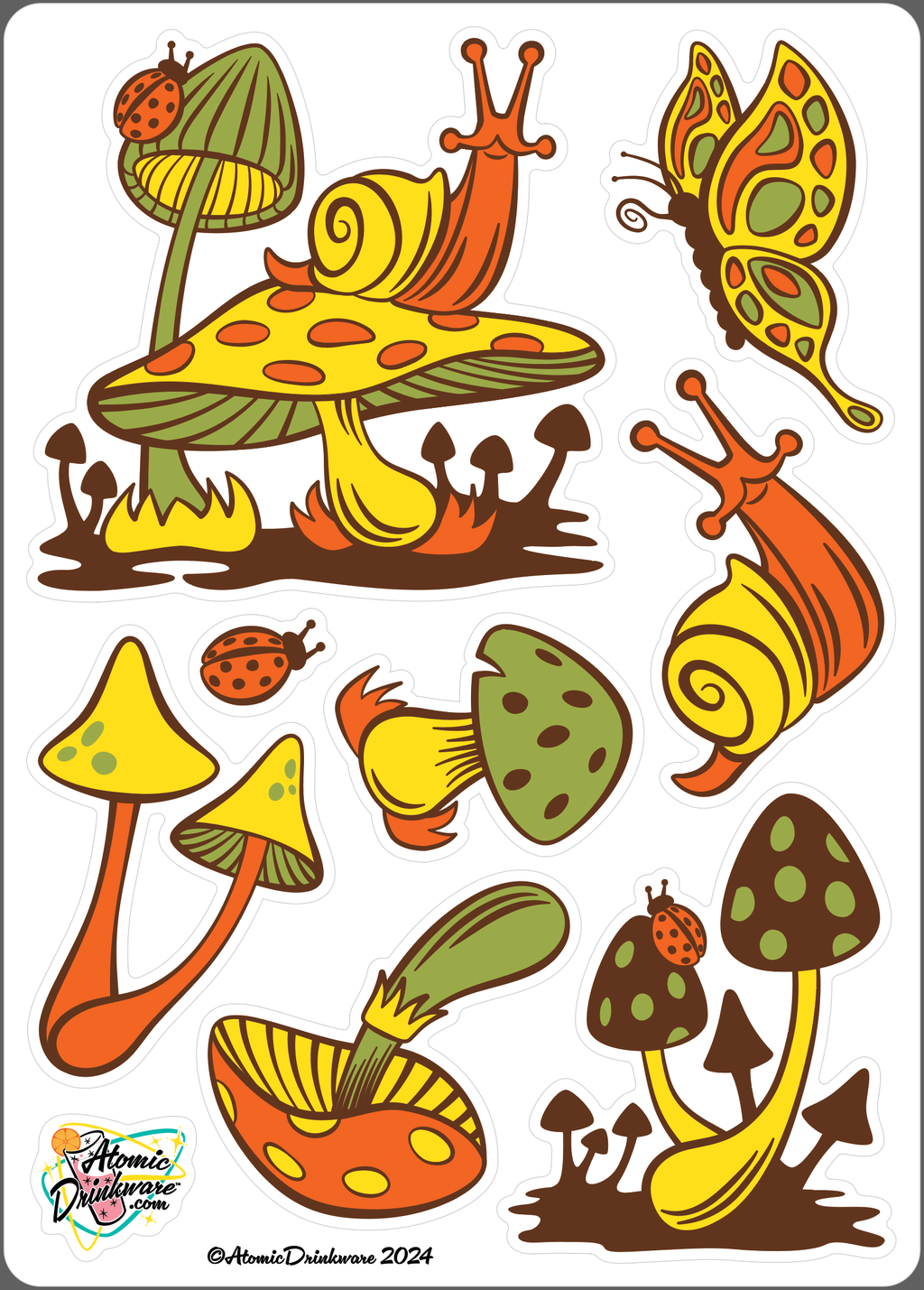 Retro illustration of 60s mushrooms, snails, and butterflies on a white background.