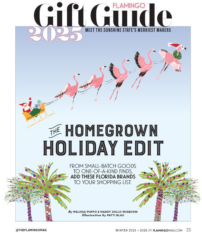 Flamingo Gift Guide 2025 cover with flamingos, palm trees, and text about Florida brands.
