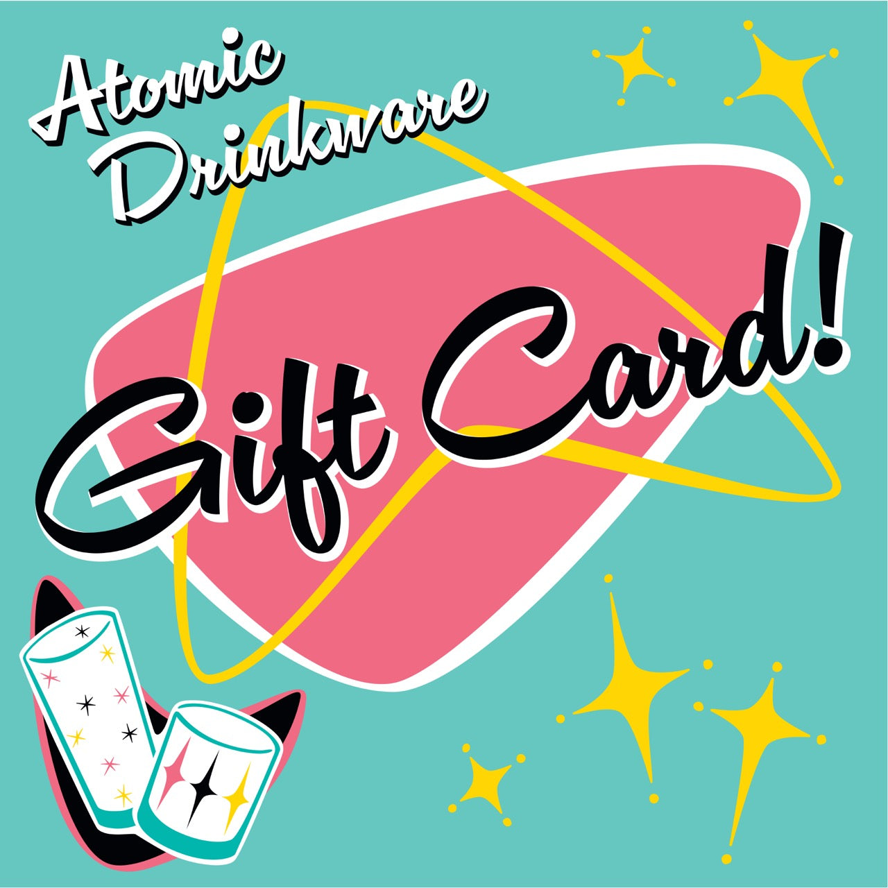 Atomic Drinkware gift card design with retro style on a teal background