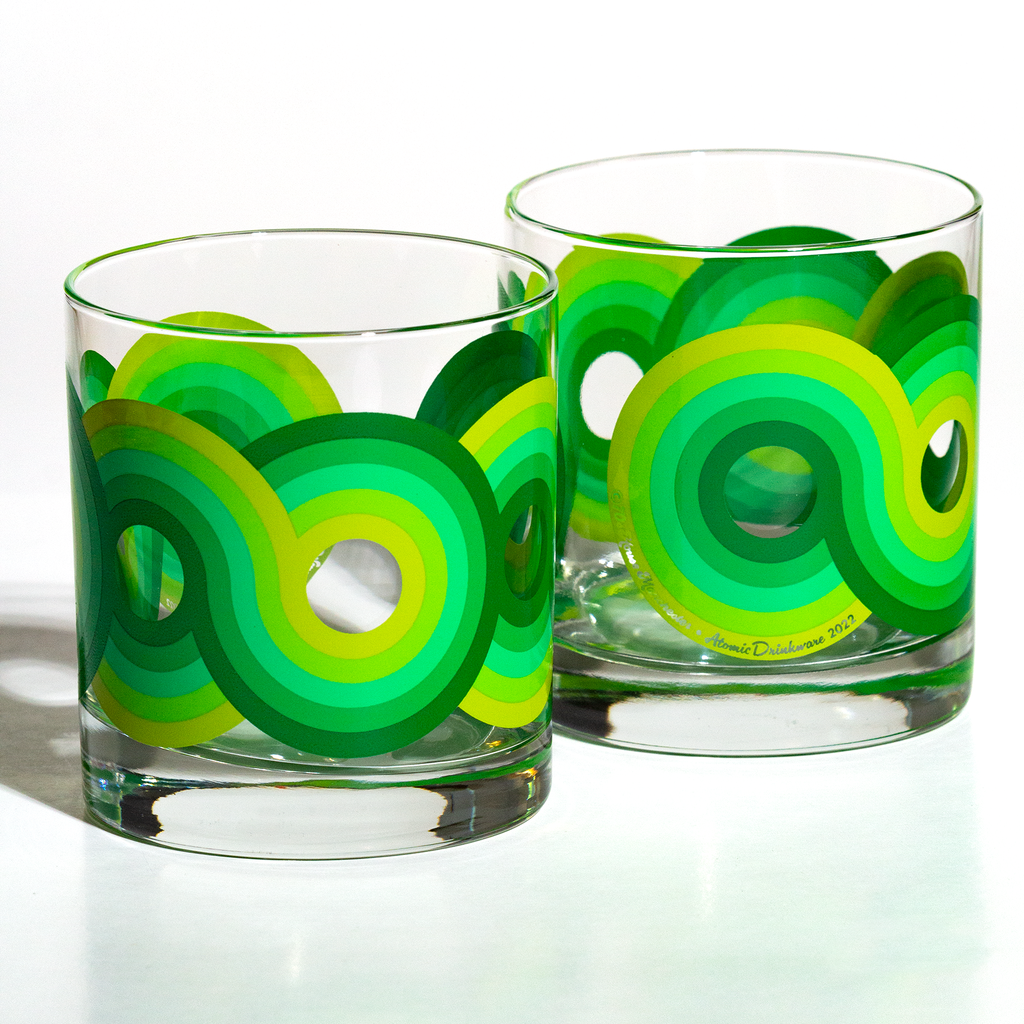 70s inspired cocktail glass in lime with swirling 70s retro pattern