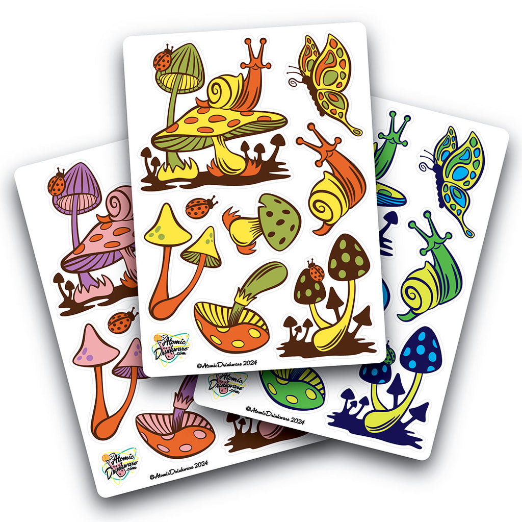 Set of colorful retro mushroom and snail stickers on white cards in 3 colorways