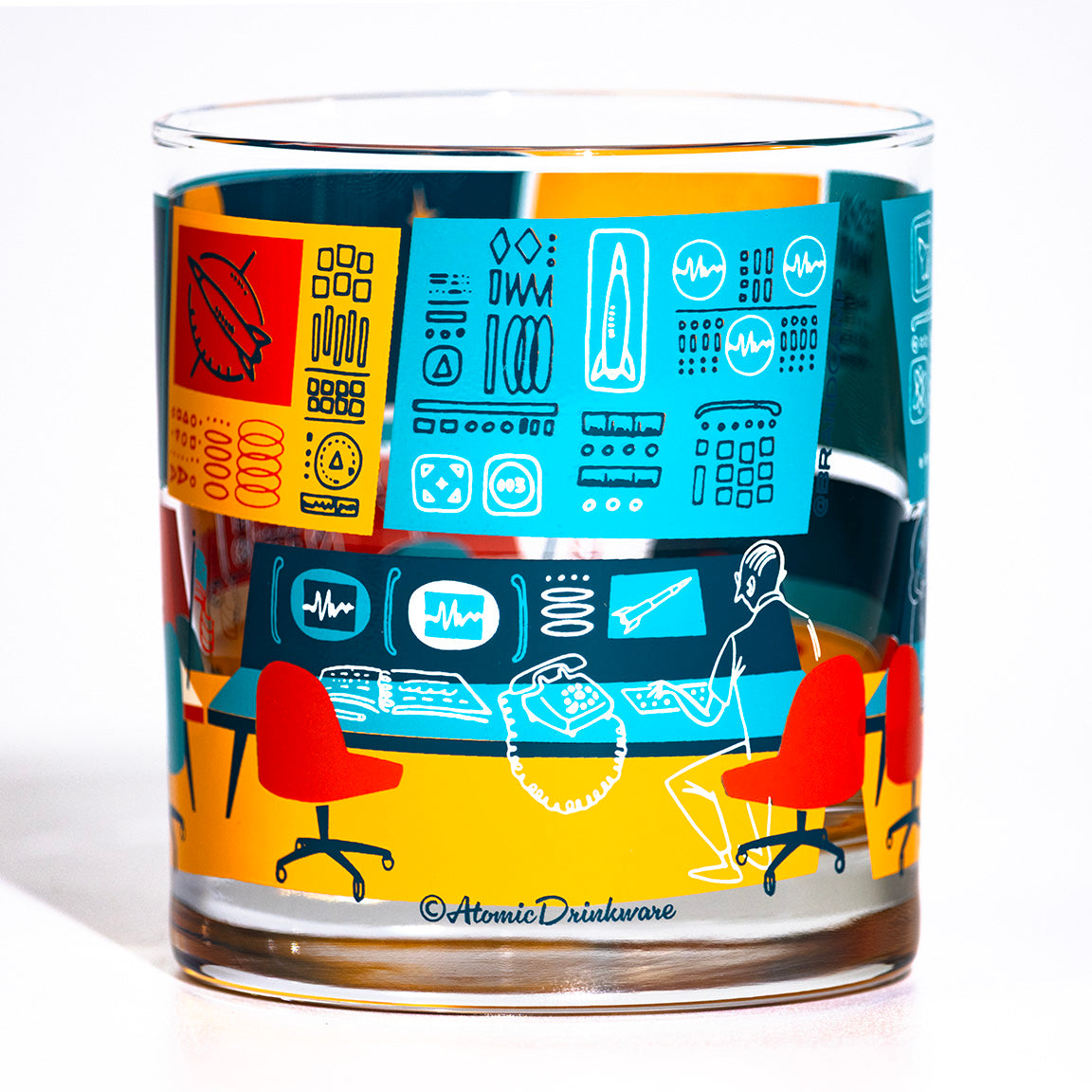 Glass with colorful design featuring retro space mission control room on a white background