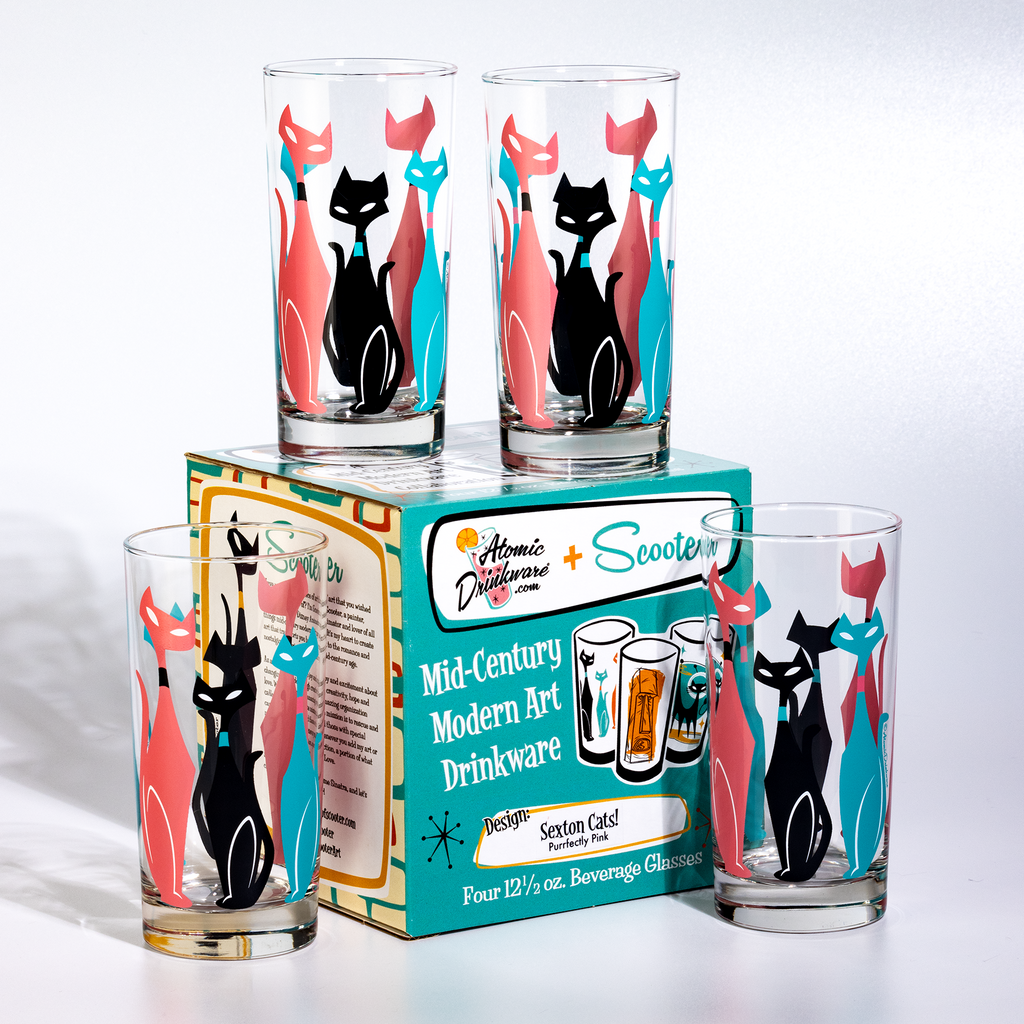 Kitsch mid-century modern collins with sexton cat design on a white background