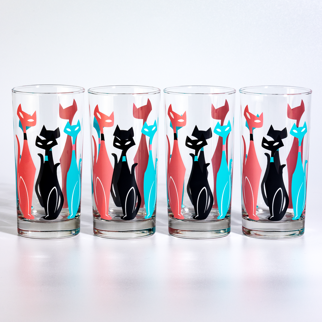 Retro cat rocks glass inspired by Sexton wall art, hand-printed mid-century cocktail glass.