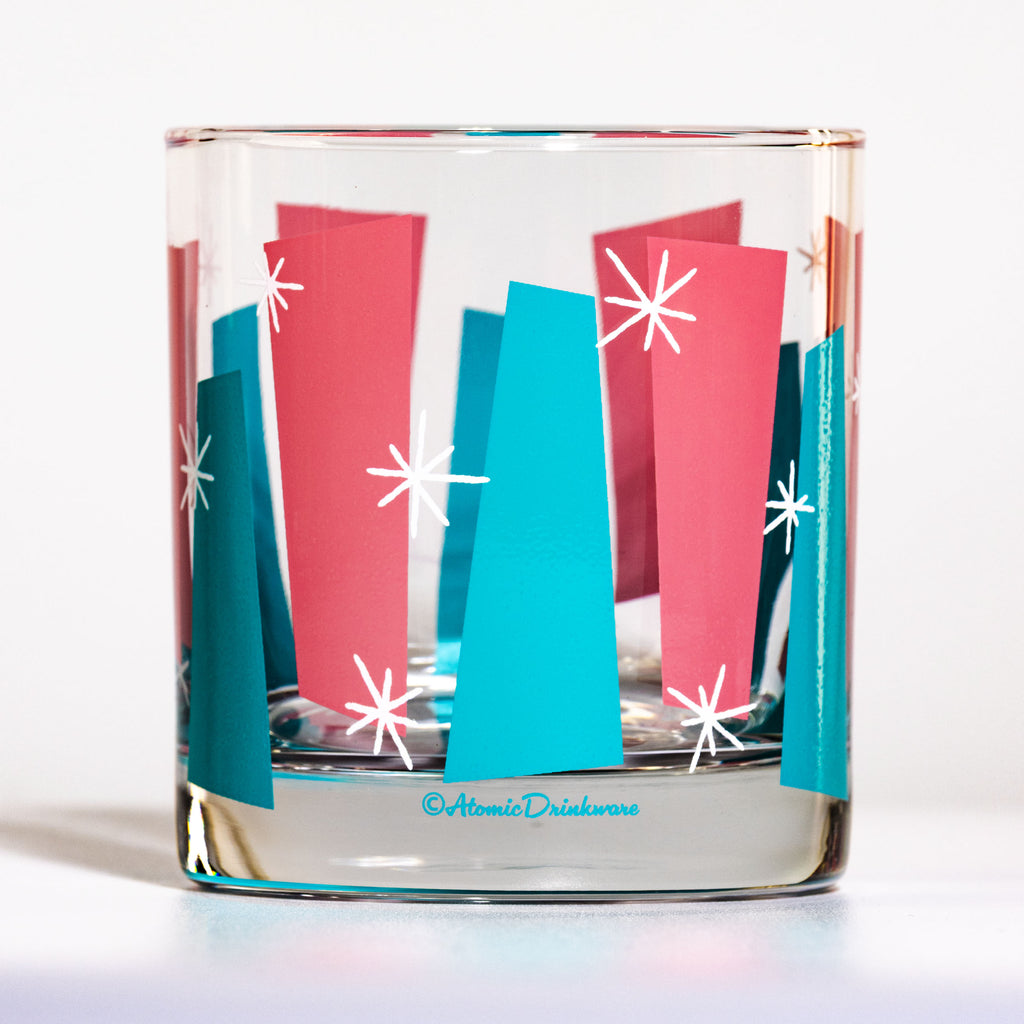 Atomic style hand-printed small batch cocktail glass using durable non-toxic epoxy ink on Libbey glass