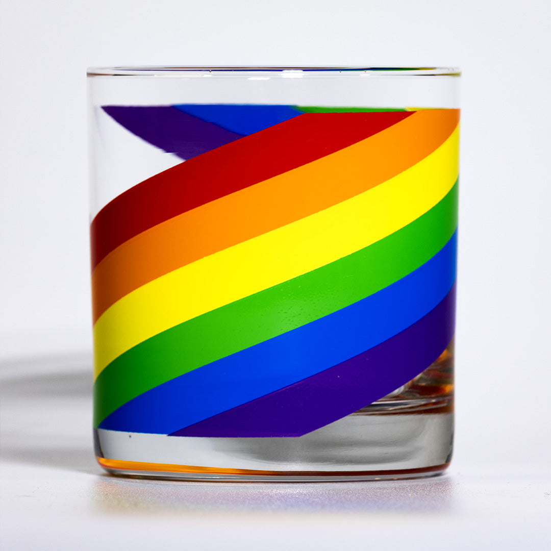Rainbow Pride rocks glass with 6-color vintage design, retro cocktail drinkware