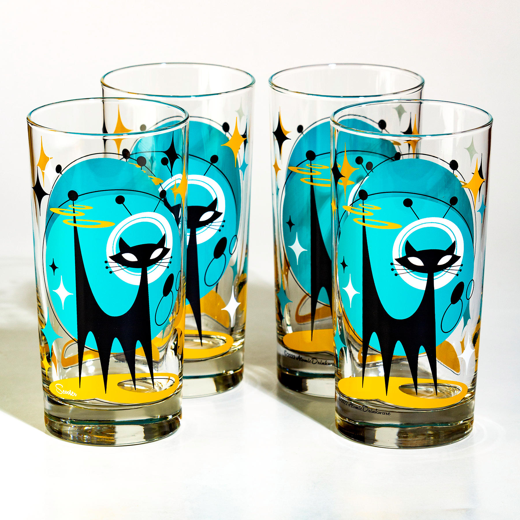 Hand-printed atomic age space cat glass on genuine Libbey drinkware in a retro style