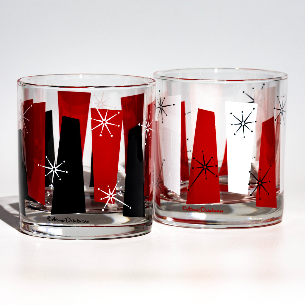 Rocks-A-Billy rocks glass, retro atomic cocktail glass with red mid-century design