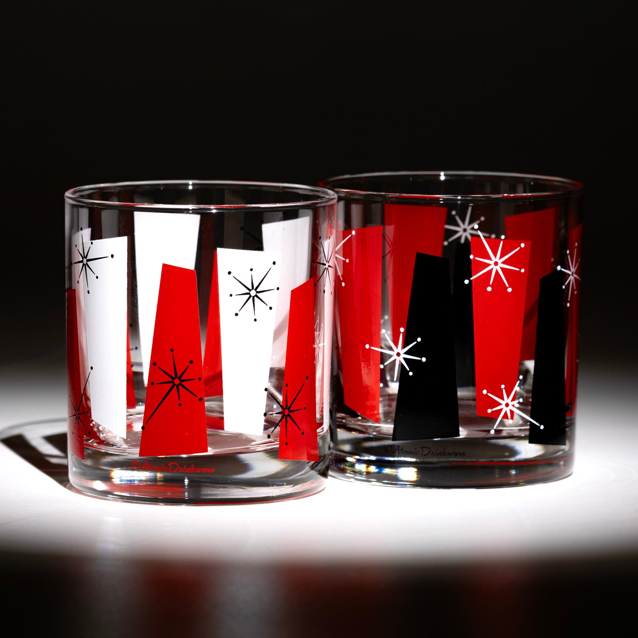 Rockabilly style rocks glass, retro atomic drinkware for cocktails