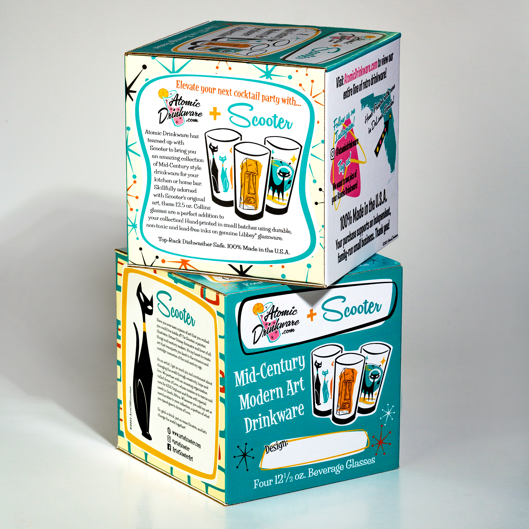 Box of Atomic Dinerware and Scooter Mid-Century Modern Art Drinkware on a white background