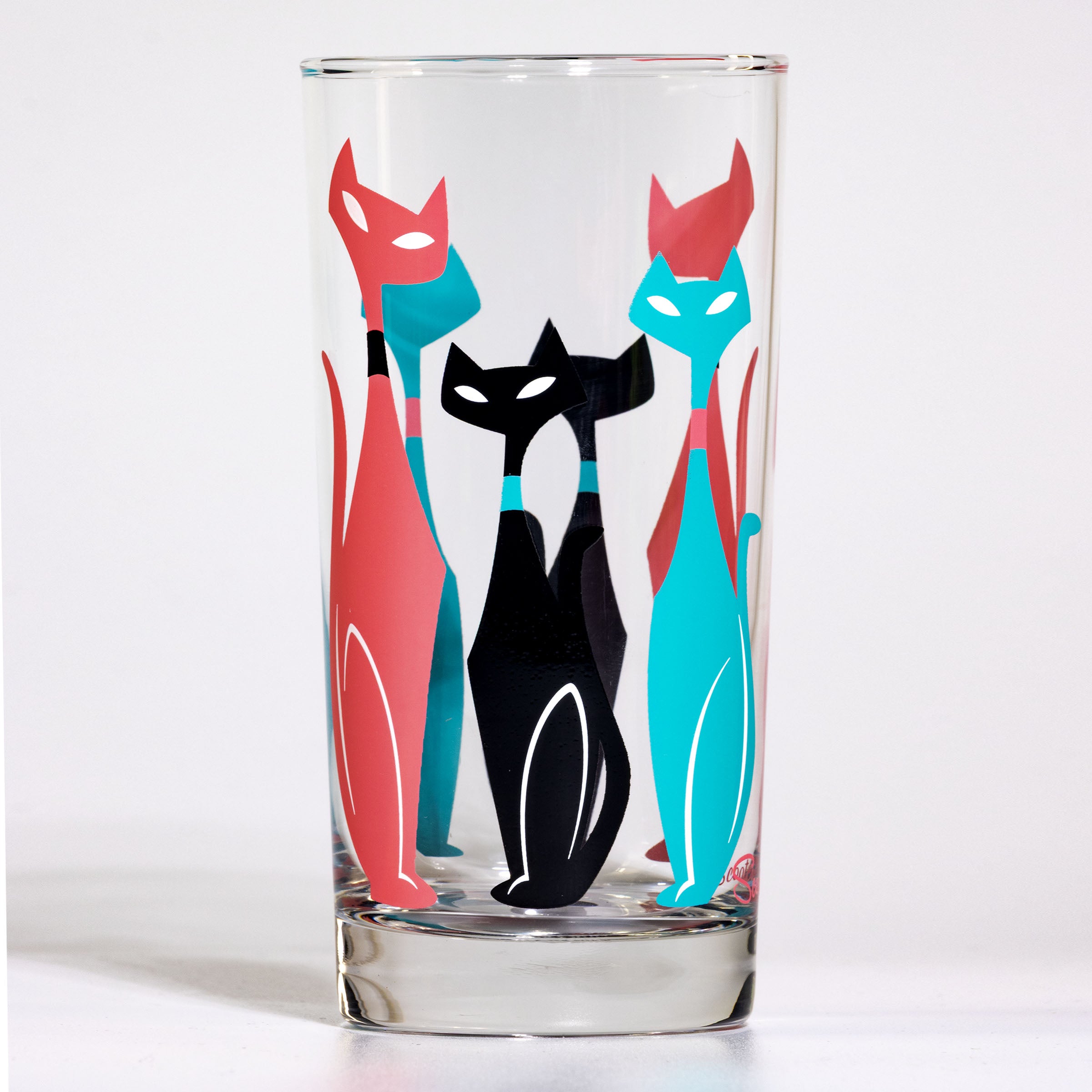 Mid-century modern Sexton Cats Collins glass, retro cat cocktail drinkware in black pink and aqua