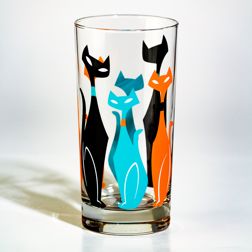 Mid-century modern Sexton Cats Collins glass, retro cat cocktail drinkware in black aqua and orange