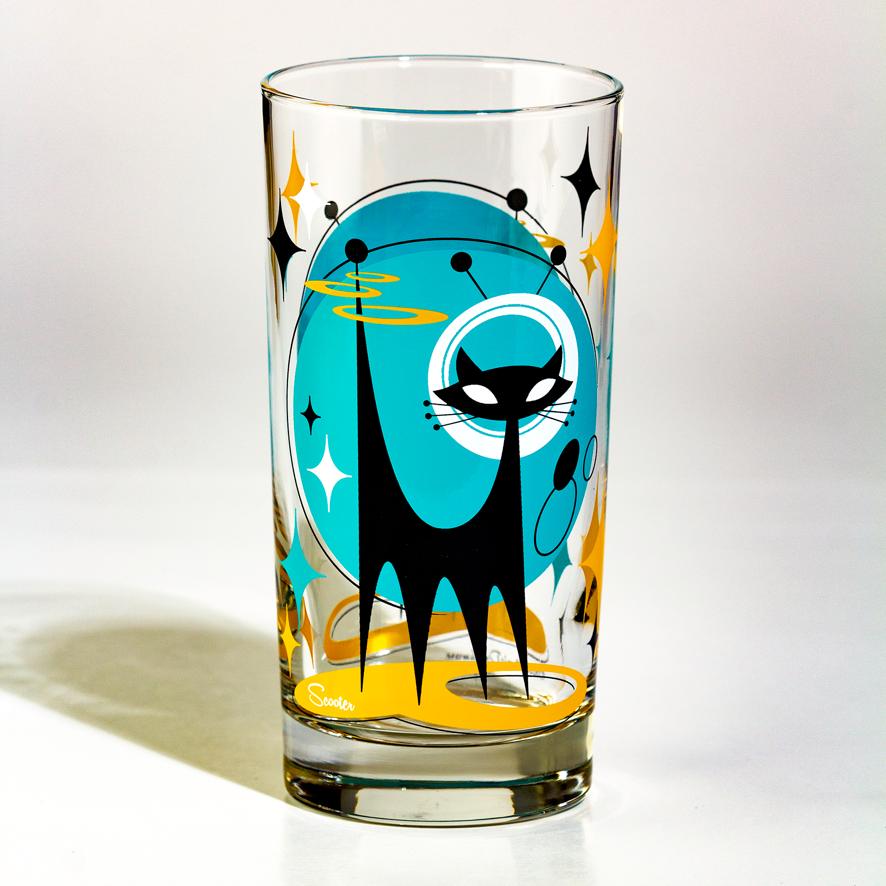 Atomic Space Cat cocktail glass, mid-century modern drinkware with retro space cat design