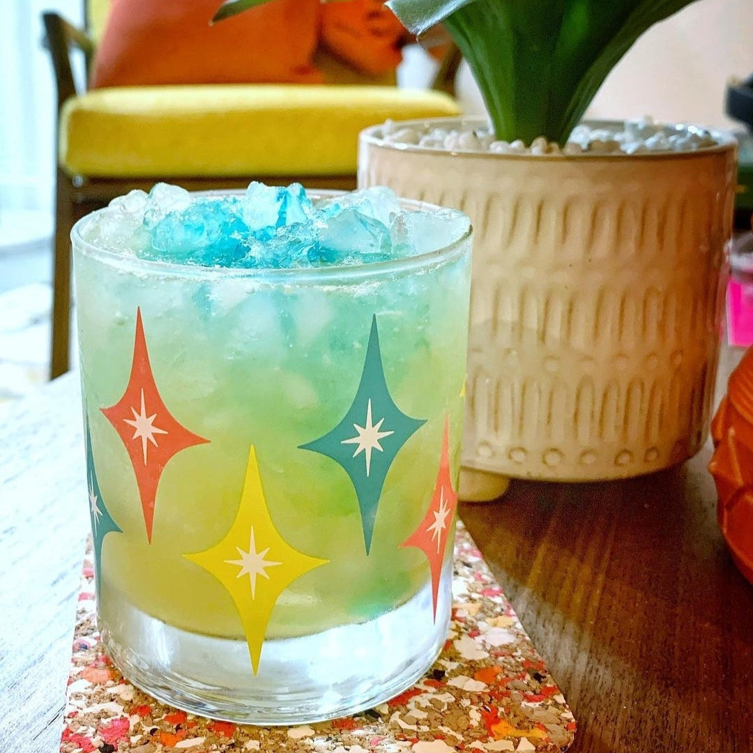 Starlite Rocks glass with cute mid century modern living room background 