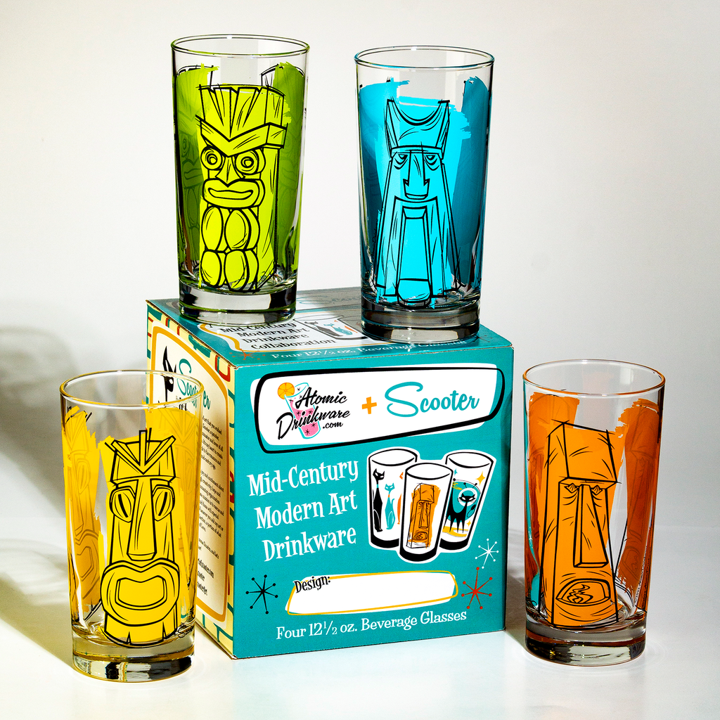 Mid-century tiki barware for rum drinks and mai tais, retro tropical home bar drinkware
