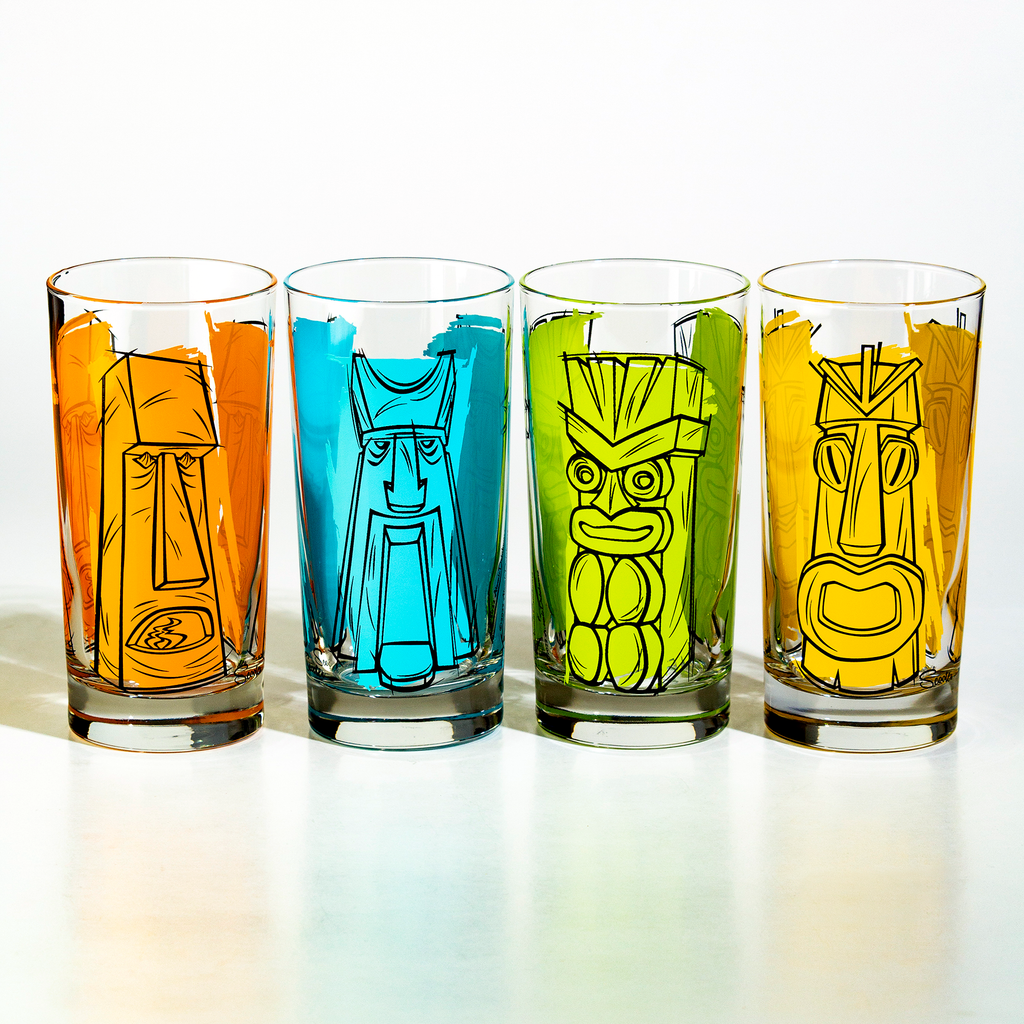 Retro tiki cocktail glass inspired by 1960s Tiki Gardens, mid-century tropical drinkware
