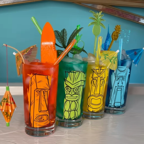 Hand-printed tiki glass on genuine Libbey drinkware, mid-century tropical design for retro tiki parties