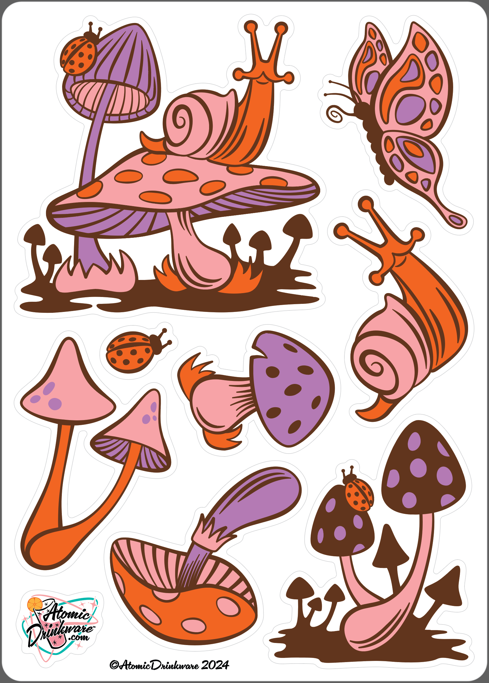 Colorful illustration of retro mushrooms, snails, and butterflies on a white background.