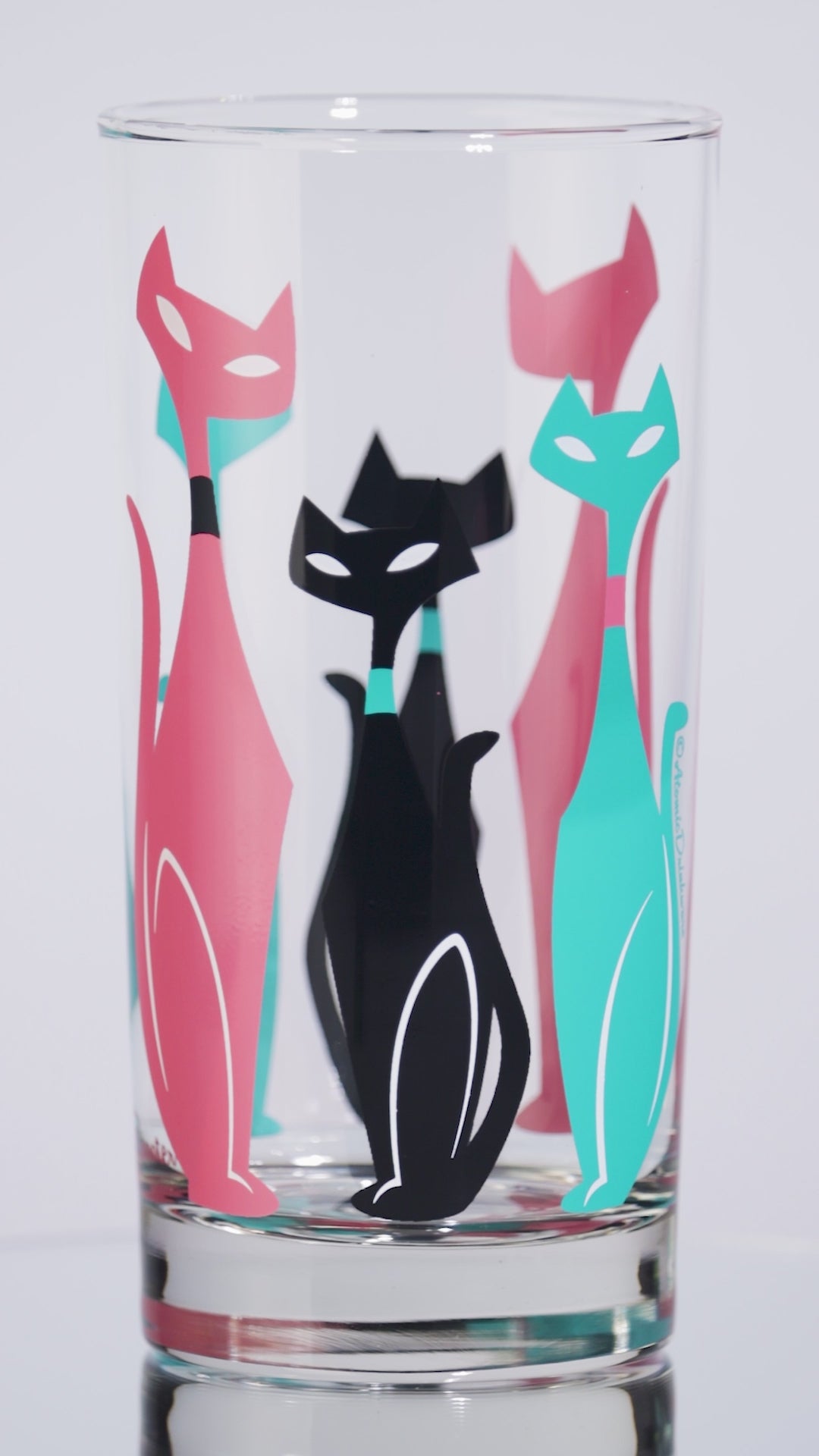 Hand-made mid-century modern cat drinking glass for cocktails and home bars
